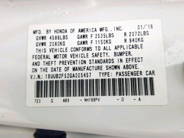 19UUB2F52GA005457 - 2016 ACURA TLX TECH თეთრი ფოტო 10