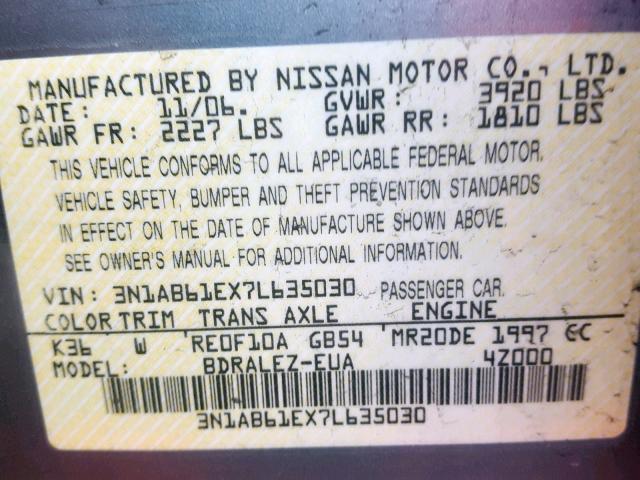 3N1AB61EX7L635030 - 2007 NISSAN SENTRA 2.0 GRAY photo 10