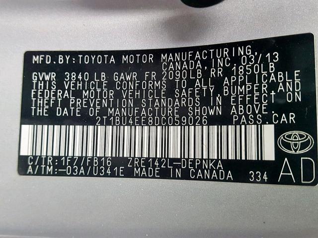 2T1BU4EE8DC059026 - 2013 TOYOTA COROLLA BA SILVER photo 10