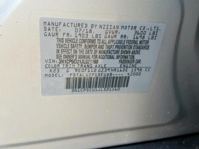 3N1CP5CU1JL521160 - 2018 NISSAN KICKS S SILVER photo 10