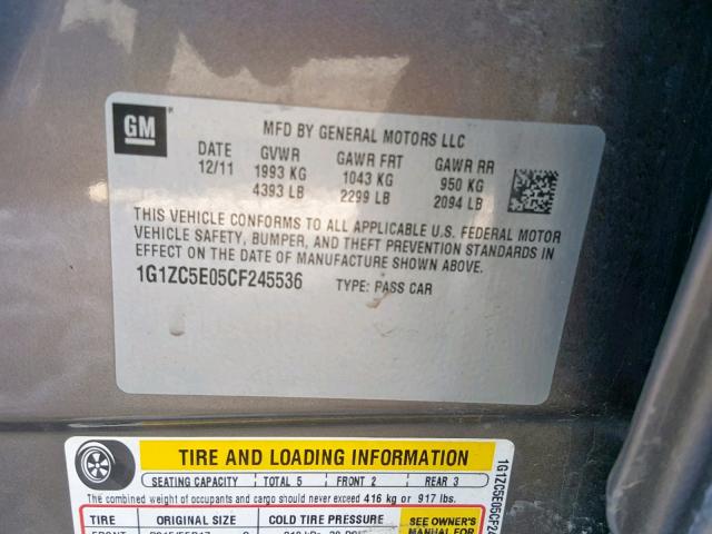 1G1ZC5E05CF245536 - 2012 CHEVROLET MALIBU 1LT ნაცრისფერი ფოტო 10