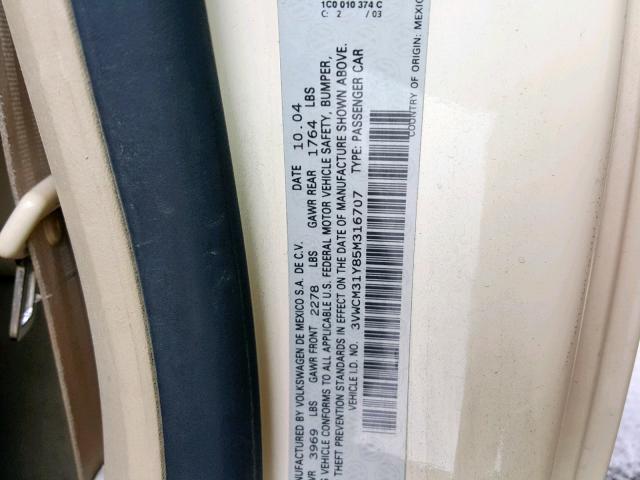 3VWCM31Y85M316707 - 2005 VOLKSWAGEN NEW BEETLE Krem foto 10