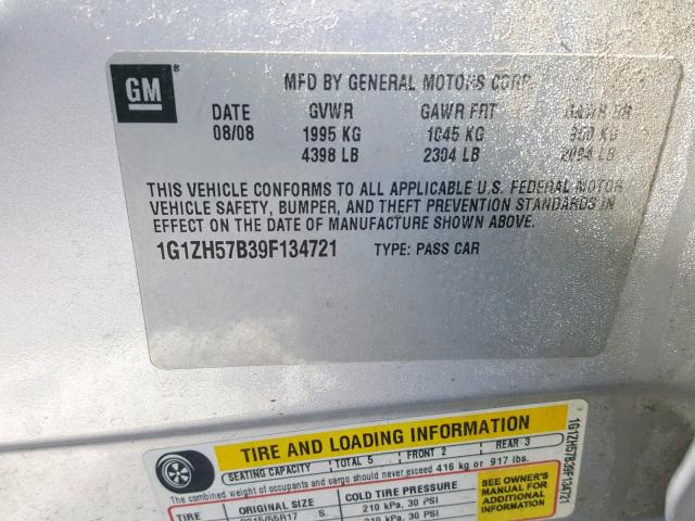 1G1ZH57B39F134721 - 2009 CHEVROLET MALIBU 1LT SILVER photo 10