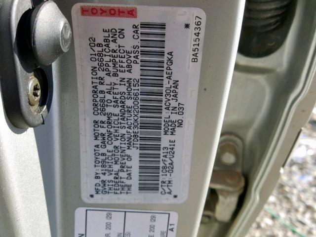 JTDBE30KX20066152 - 2002 TOYOTA CAMRY LE SILVER photo 10