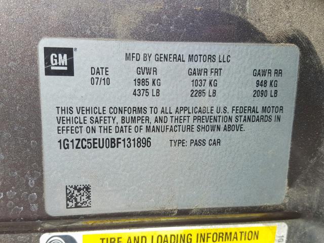 1G1ZC5EU0BF131896 - 2011 CHEVROLET MALIBU 1LT ნაცრისფერი ფოტო 10