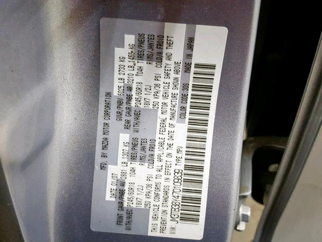 JM3TB38Y470109839 - 2007 MAZDA CX-9 SILVER photo 10