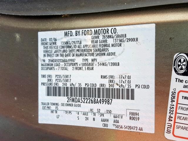 2FMDA52226BA49987 - 2006 FORD FREESTAR S GREEN photo 10