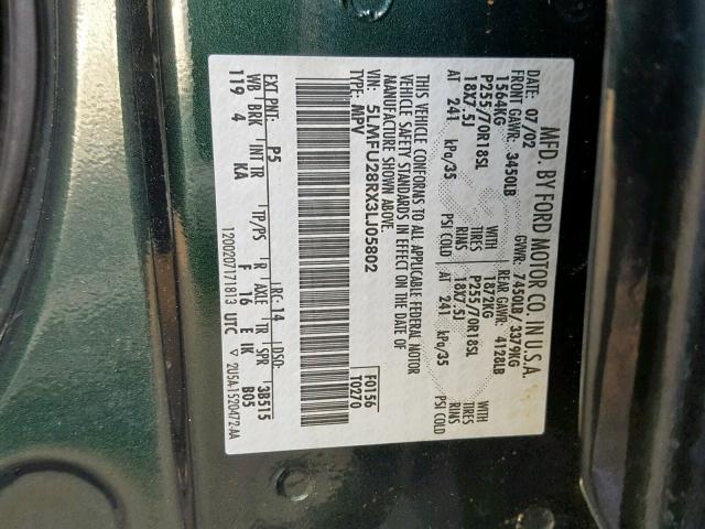 5LMFU28RX3LJ05802 - 2003 LINCOLN NAVIGATOR GREEN photo 10