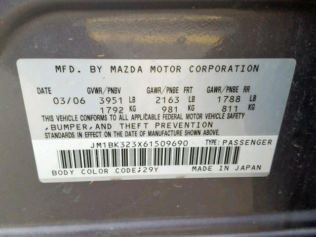 JM1BK323X61509690 - 2006 MAZDA 3 S GRAY photo 10