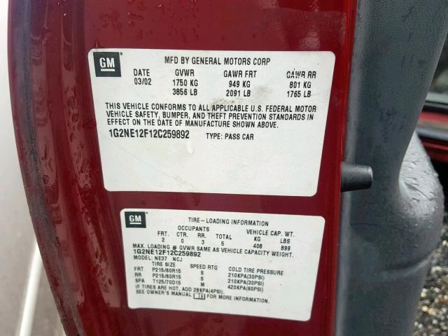 1G2NE12F12C259892 - 2002 PONTIAC GRAND AM S BURGUNDY photo 10