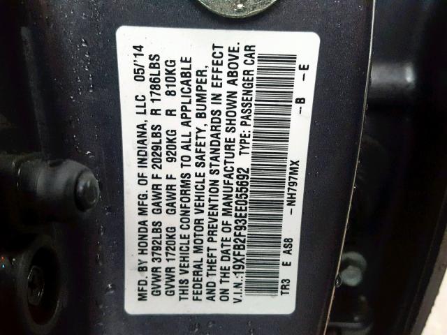 19XFB2F93EE055692 - 2014 HONDA CIVIC EXL 石墨色 照片 10