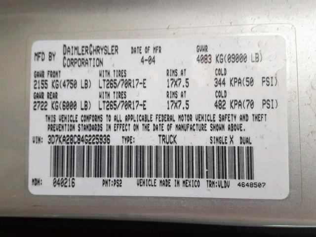 3D7KA28C84G225936 - 2004 DODGE RAM 2500 S ვერცხლისფერი ფოტო 10