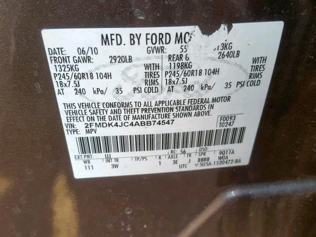 2FMDK4JC4ABB74547 - 2010 FORD EDGE SEL CHARCOAL photo 10