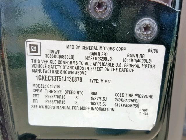 1GKEC13T51J130879 - 2001 GMC YUKON GREEN photo 10