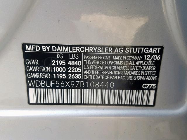 WDBUF56X97B108440 - 2007 MERCEDES-BENZ E 350 SILVER photo 10