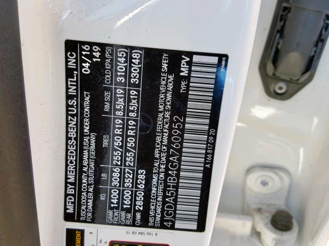 4JGDA5HB4GA760952 - 2016 MERCEDES-BENZ GLE 350 4M WHITE photo 10