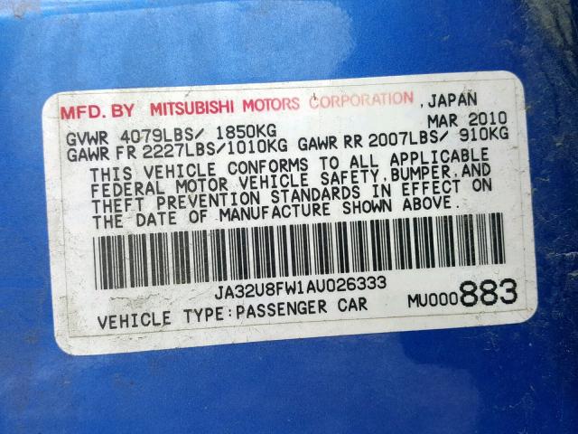 JA32U8FW1AU026333 - 2010 MITSUBISHI LANCER GTS BLUE photo 10