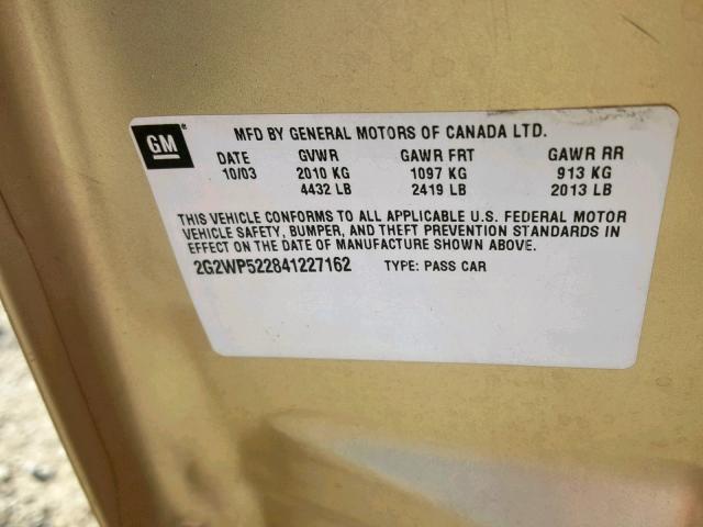 2G2WP522841227162 - 2004 PONTIAC GRAND PRIX GOLD photo 10