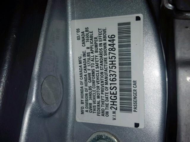 2HGES16375H578446 - 2005 HONDA CIVIC DX V SILVER photo 10