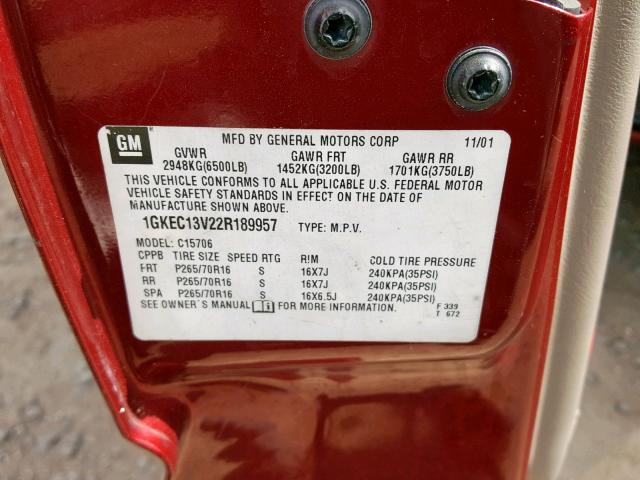 1GKEC13V22R189957 - 2002 GMC YUKON RED photo 10