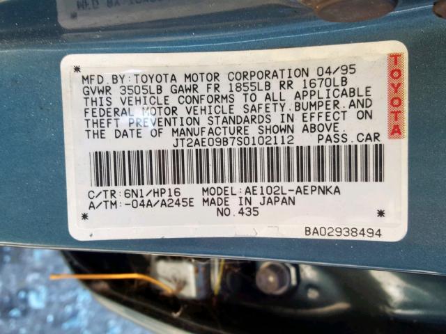 JT2AE09B7S0102112 - 1995 TOYOTA COROLLA LE TEAL photo 10