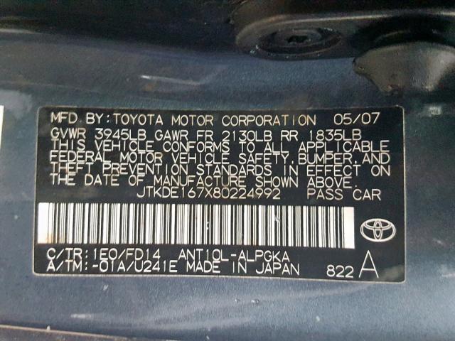 JTKDE167X80224992 - 2008 TOYOTA SCION TC გრაფიტი ფოტო 10