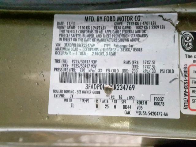 3FADP0L38CR234769 - 2012 FORD FUSION HYB GRAY photo 10