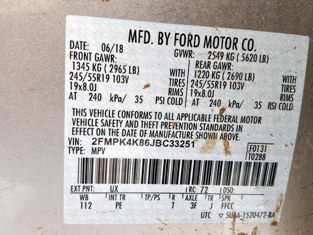 2FMPK4K86JBC33251 - 2018 FORD EDGE TITAN SILVER photo 10