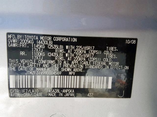 JTMZF31V99D004569 - 2009 TOYOTA RAV4 LIMIT SILVER photo 10