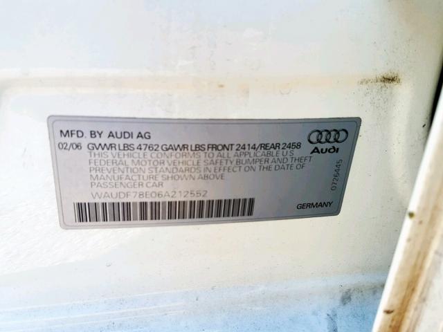 WAUDF78E06A212552 - 2006 AUDI A4 2.0T QU WHITE photo 10