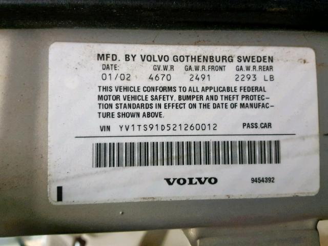 YV1TS91D521260012 - 2002 VOLVO S80 T6 TUR SILVER photo 10