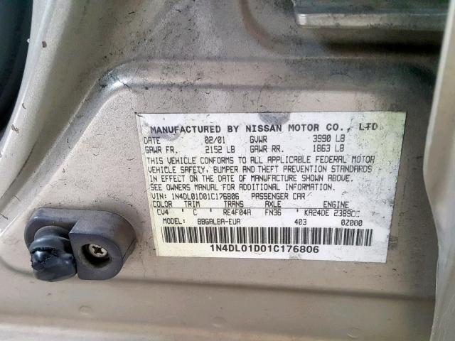 1N4DL01D01C176806 - 2001 NISSAN ALTIMA XE TAN photo 10