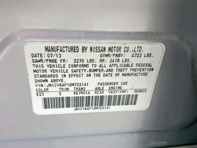 JN1CV6AP1DM722141 - 2013 INFINITI G37 BASE SILVER photo 10