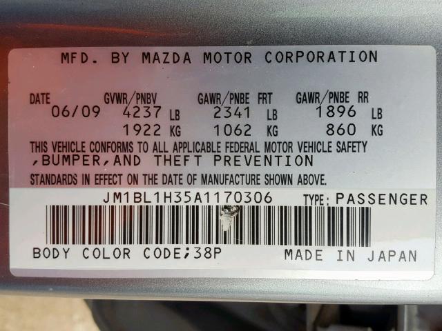 JM1BL1H35A1170306 - 2010 MAZDA SPEED 3 GRAY photo 10