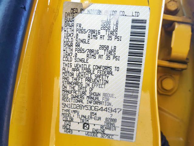 5N1ED28Y53C644947 - 2003 NISSAN XTERRA XE YELLOW photo 10