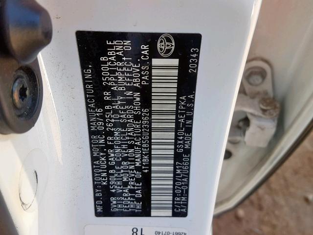 4T1BK1EB5GU239626 - 2016 TOYOTA AVALON XLE WHITE photo 10