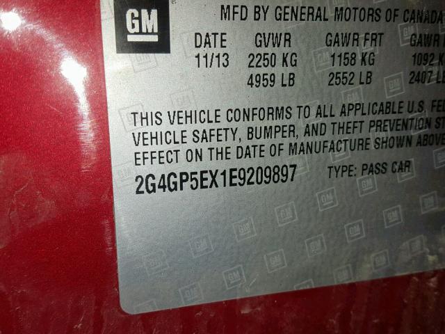 2G4GP5EX1E9209897 - 2014 BUICK REGAL PREM RED photo 10