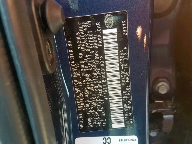 4T1BZ1FB1KU009018 - 2019 TOYOTA AVALON XLE BLUE photo 10