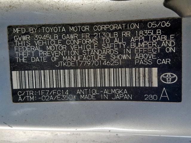 JTKDE177970146251 - 2007 TOYOTA SCION TC SILVER photo 10