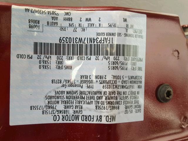 1FAFP34N17W310359 - 2007 FORD FOCUS ZX4 RED photo 10