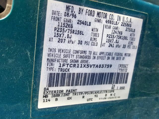 1FTCR11X5VTA03759 - 1997 FORD RANGER GREEN photo 10