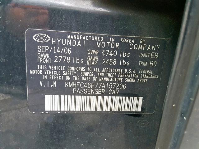 KMHFC46F77A157206 - 2007 HYUNDAI AZERA SE BLACK photo 10