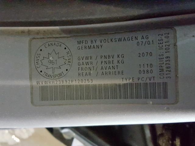 WVWRH23B92P120253 - 2002 VOLKSWAGEN PASSAT GLX 银色 照片 10