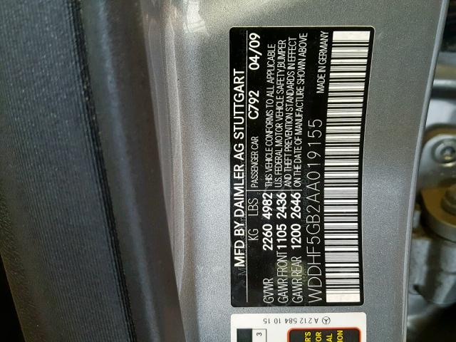 WDDHF5GB2AA019155 - 2010 MERCEDES-BENZ E 350 GRAY photo 10