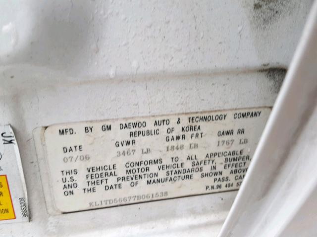 KL1TD56677B061538 - 2007 CHEVROLET AVEO BASE Ağ foto 10
