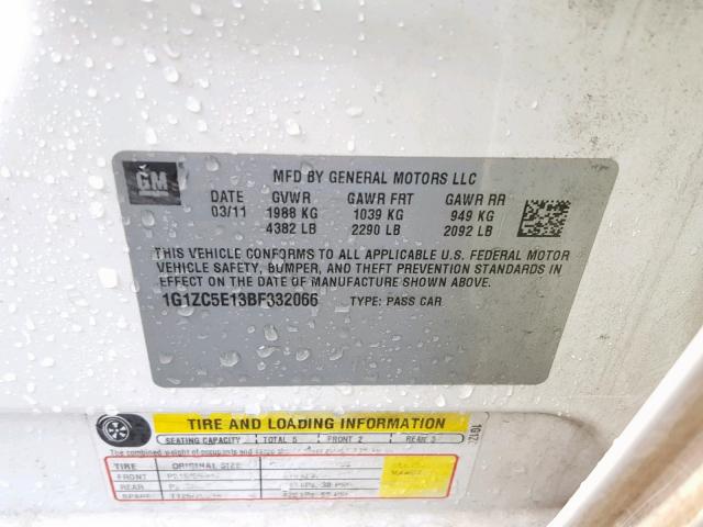 1G1ZC5E13BF332066 - 2011 CHEVROLET MALIBU 1LT CREAM photo 10