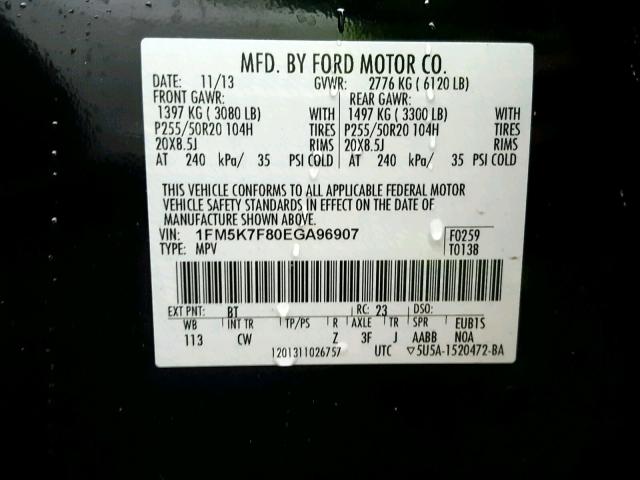 1FM5K7F80EGA96907 - 2014 FORD EXPLORER L BLUE photo 10