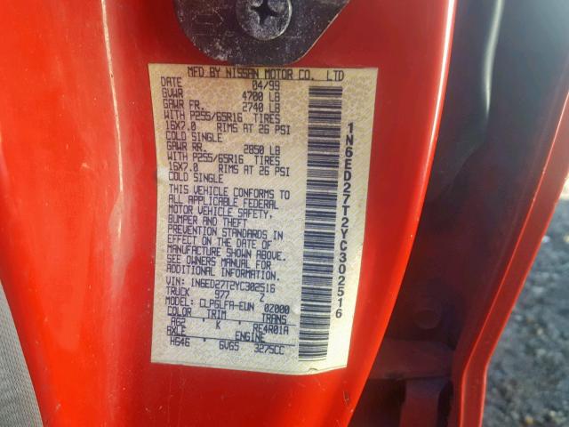 1N6ED27T2YC302516 - 2000 NISSAN FRONTIER C RED photo 10