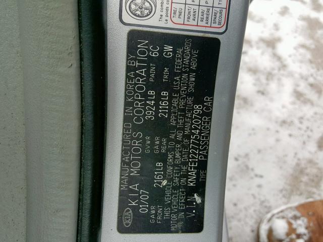 KNAFE122775420798 - 2007 KIA SPECTRA EX SILVER photo 10