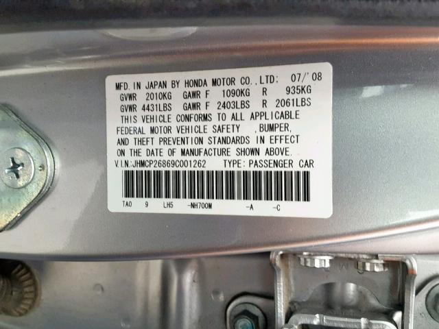 JHMCP26869C001262 - 2009 HONDA ACCORD EXL SILVER photo 10